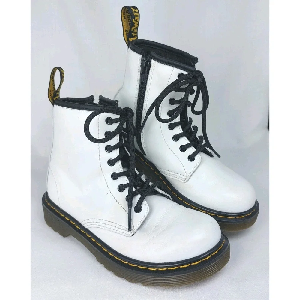 Doc Martens Air Wair 1460J Girls Combat Boots White Lace-Up Side Zip‎ Sz 1 *READ